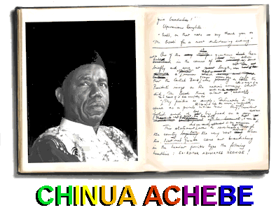 Achebe and the original manuscript from the Paris Review